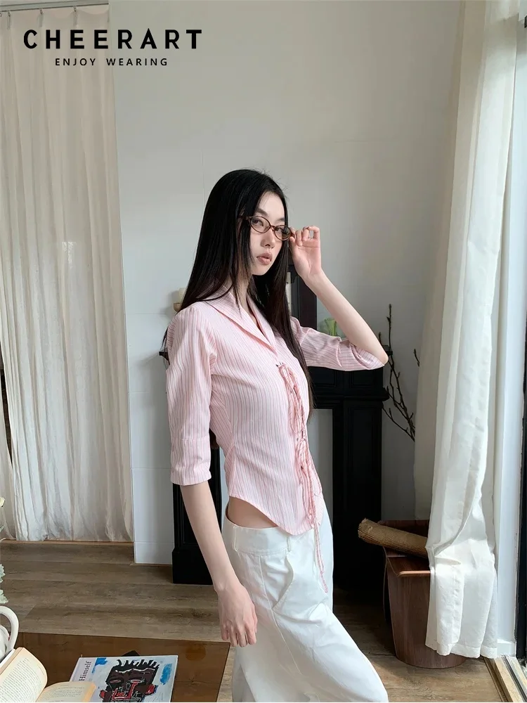 CHEERART Bandage Pink Striped Shirts Women 2024 Summer Tops Half Sleeve Collar Shirt Blouses Office Wear Korean Fashion Clothes