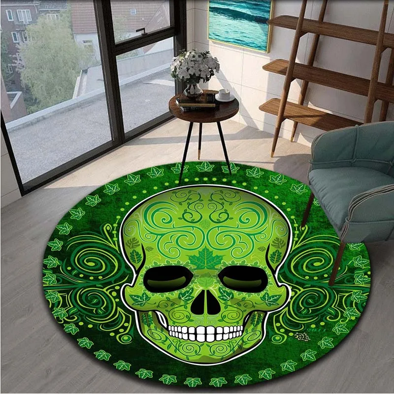 Smoke Skull Maple Weed Plant Round Area Rugs for Living Room Bedroom Doormat Kids Carpet Soft Non-slip Floor Mat Game Round Rugs