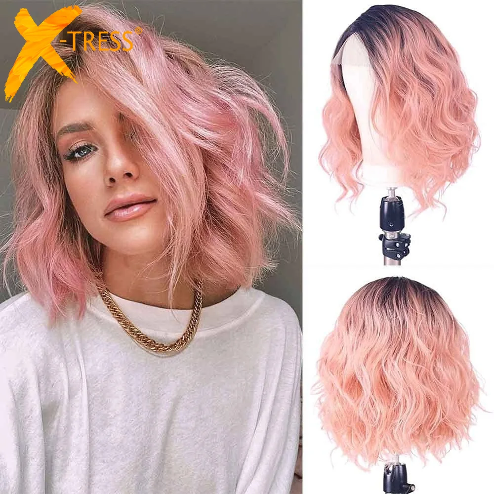 X-TRESS-Peluca de cabello sintético para mujer, postizo de encaje, corte Bob corto, Parte L, resistente al calor, color rosa degradado