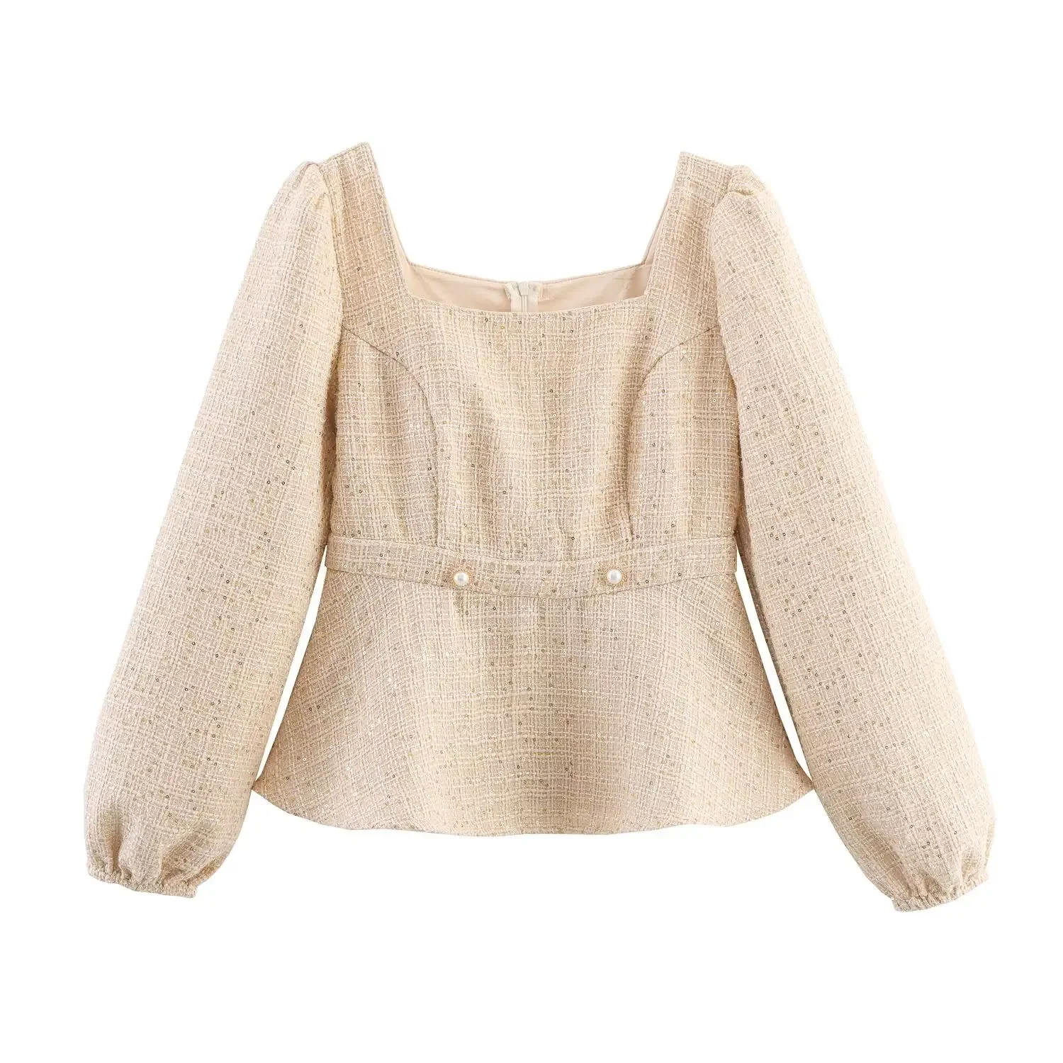 2 pieces 1 Set 2025 Autumn Sequins Beading Tweed Square Collar Puff Sleeve Pullovers Shirt + High Waist Long Straight Pants Suit