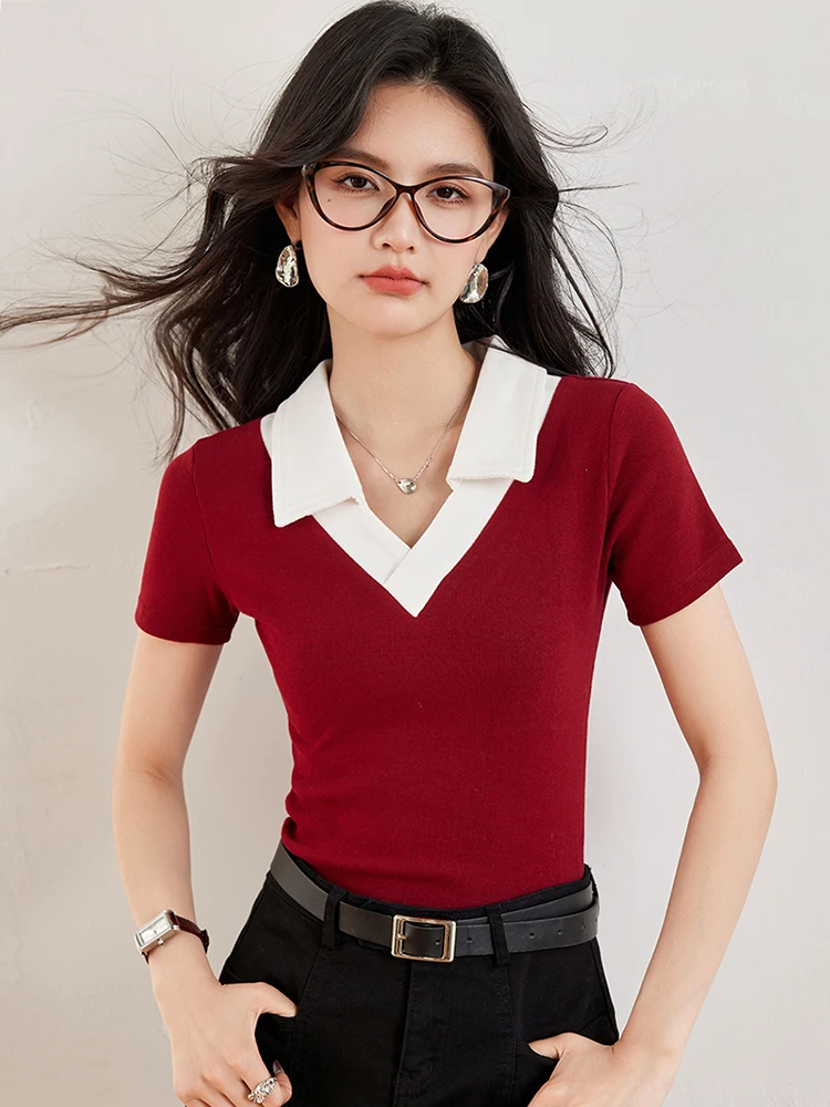 Korean Fashion Summer Women Lapel Shirt Short Sleeve T-Shirt Solid Color Knit Top Fashionable Slim Fitting Pullover Top