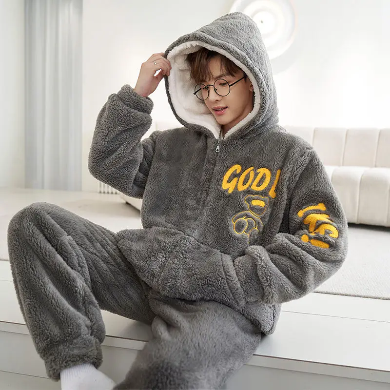 

Men's Pajamas Men's Winter Hooded Coral Fleece Thickened Fleece Autumn Winter Flannel Youth Loungewear Set Stylish Comfortable
