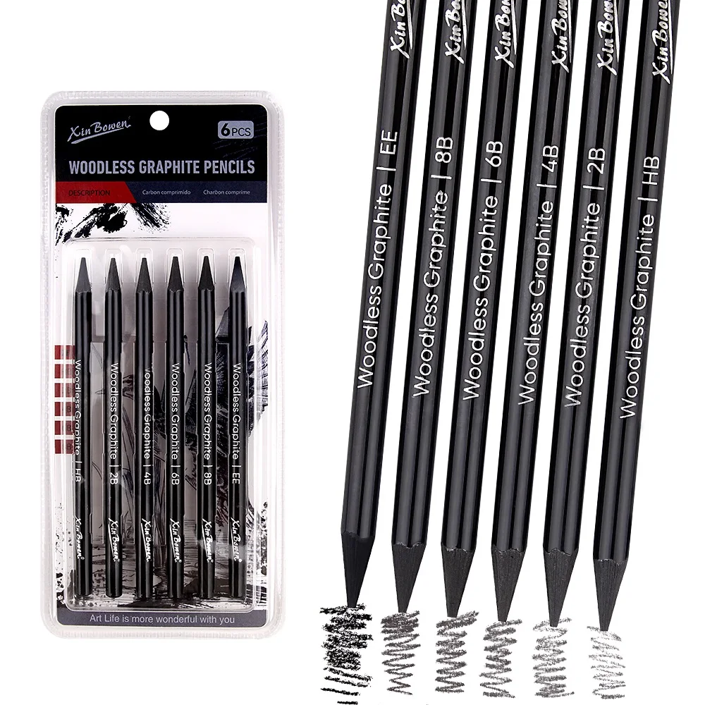 6pcs Woodless Graphite Pencils Set HB 2B 4B 6B 8B EE Sketch Drawing Black Charcoal Pencils Art Supplies for Artists Students