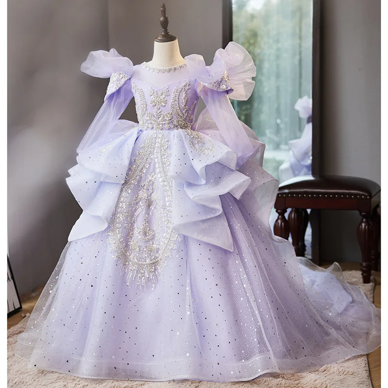 Vestido de fiesta violeta personalizado, vestidos de flores para bebé, apliques de lentejuelas, tren de corte, vestidos de fiesta de graduación de cumpleaños y boda para niños