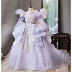 Violet Ball Gown Baby Flower Dresses Sequins Appliques Court Train Children Wedding Birthday Prom Party Gowns