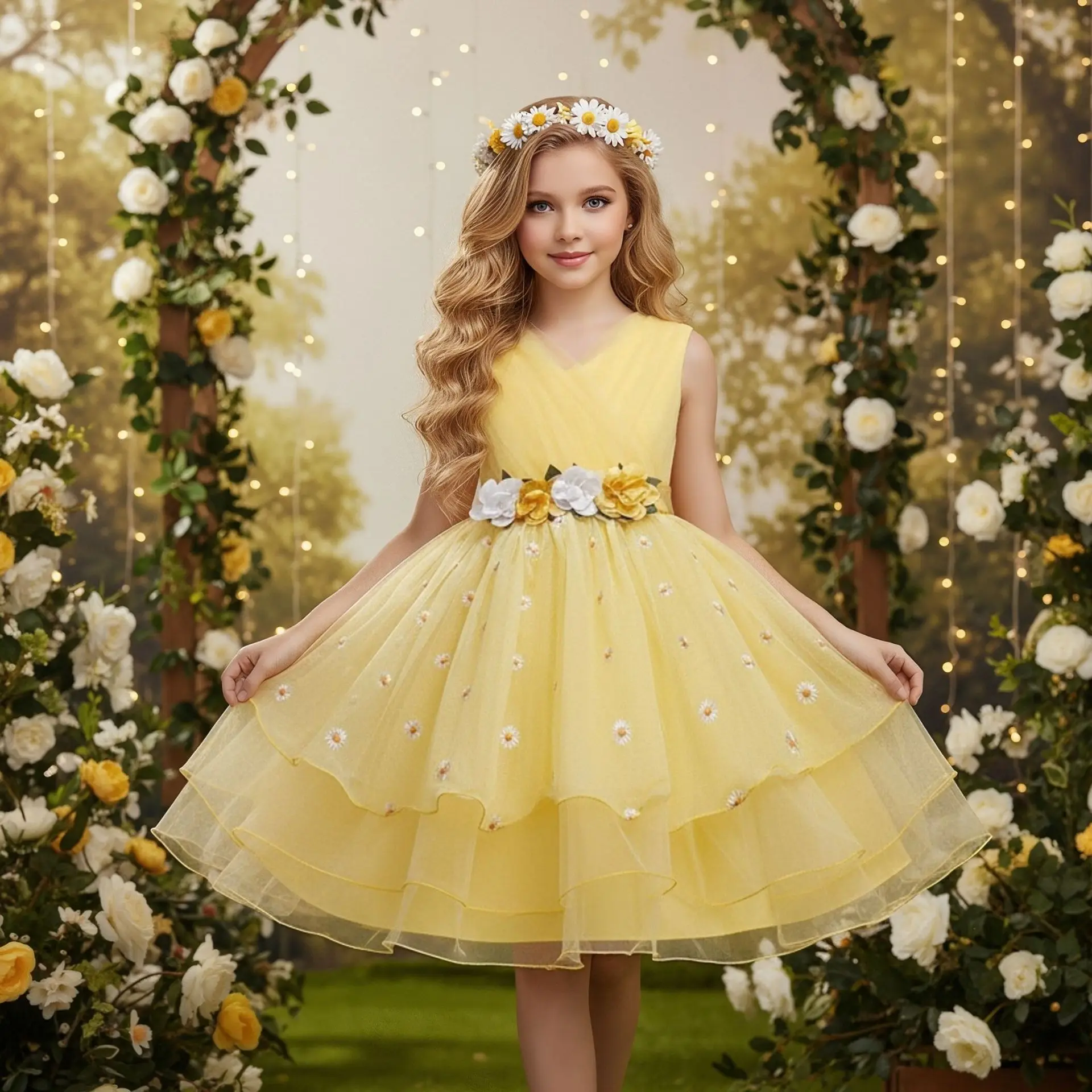 

Flower Girl Wedding Dress Daisy Embroidery Tulle Princess Dress Layered Yellow Birthday Dress Gown For Kids Girls Party Dresses