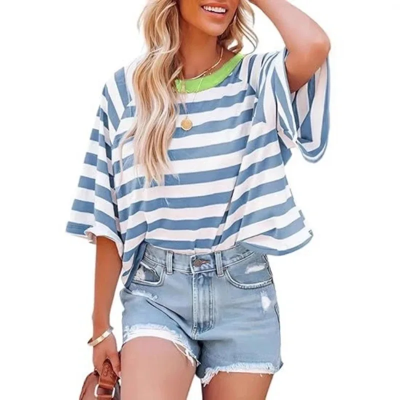 

Striped Short Sleeved Women Loose Casual Round Neck T-shirt High end and Pure Desire Style