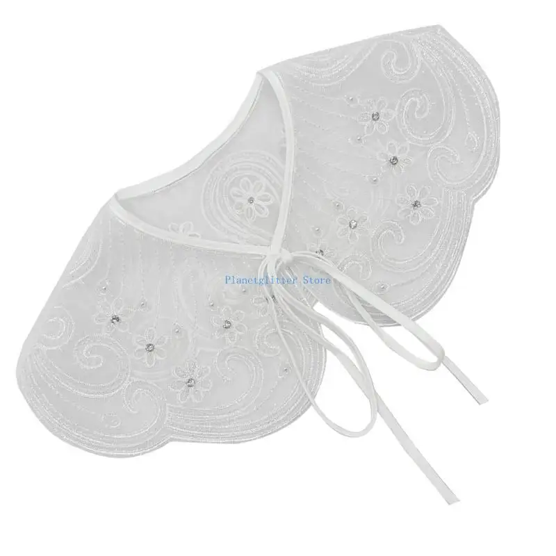 

652B Embroidery Flower Detachable False Collar Shawl Wrap with Shining Tinsel for Women Rhinestones Pearls Necklace Capelet