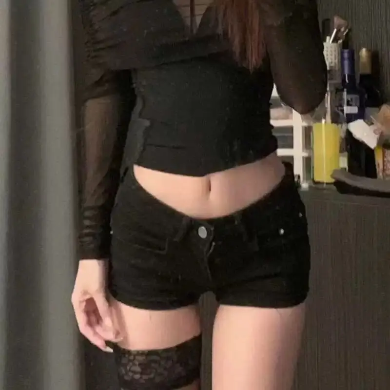 

Y2K Black Denim Shorts Elastic Tight Low Waist Hot Pants Spring Summer for Women