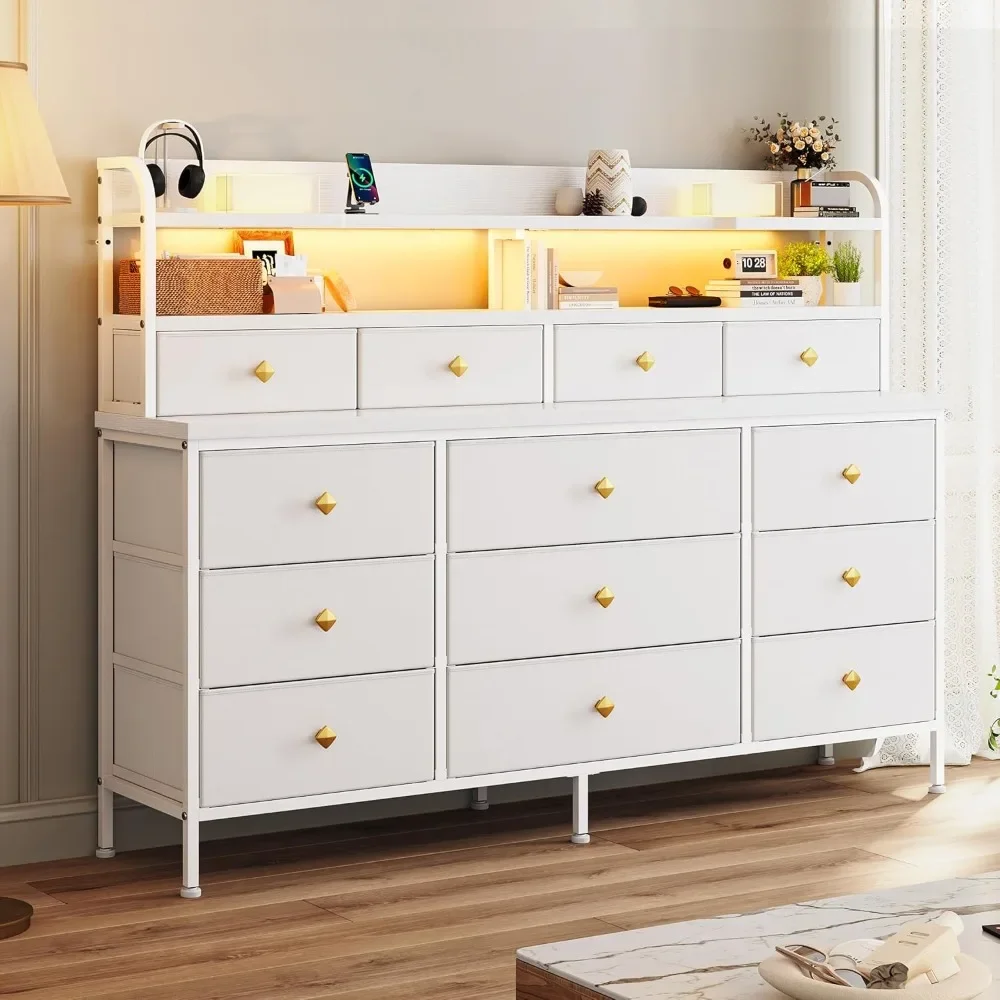 Cômoda com 13 gavetas e luzes LED, cômodas e cômodas longas, gaveta e prateleiras de tecido, cômoda de quarto
