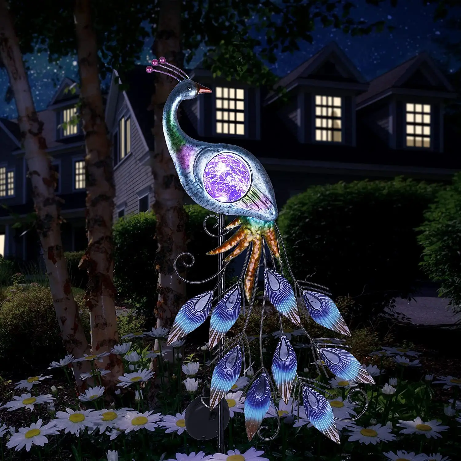 Peacock Solar Garden Light, Metal Garden Decoration With Cracks, Glass Ball Solar Outdoor Light, Courtyard Decoration