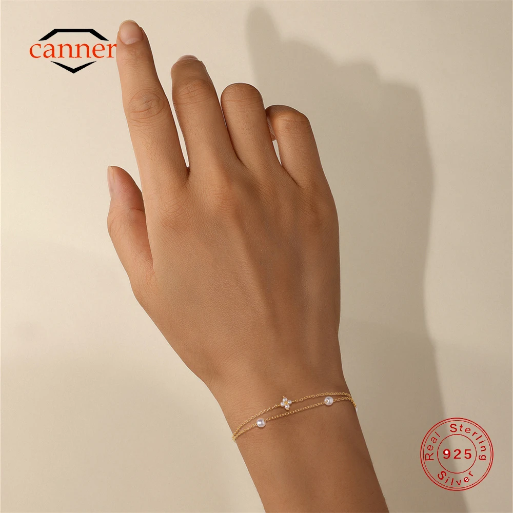

CANNER 925 Sterling Silver Pearl Four Petal Flower Minimalism Bracelet For Women Ins Elegant Smooth Five Petal Flower Bracelet