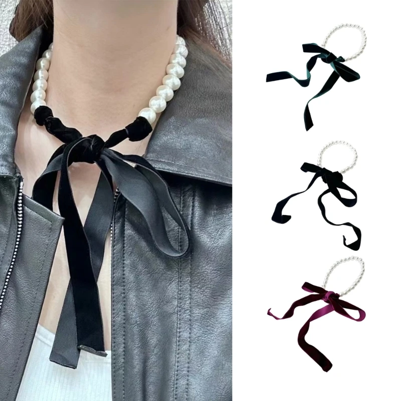 Fashion Velvets Ribbon Bowknot Choker Necklace for Women Elegant Imitation Pearl