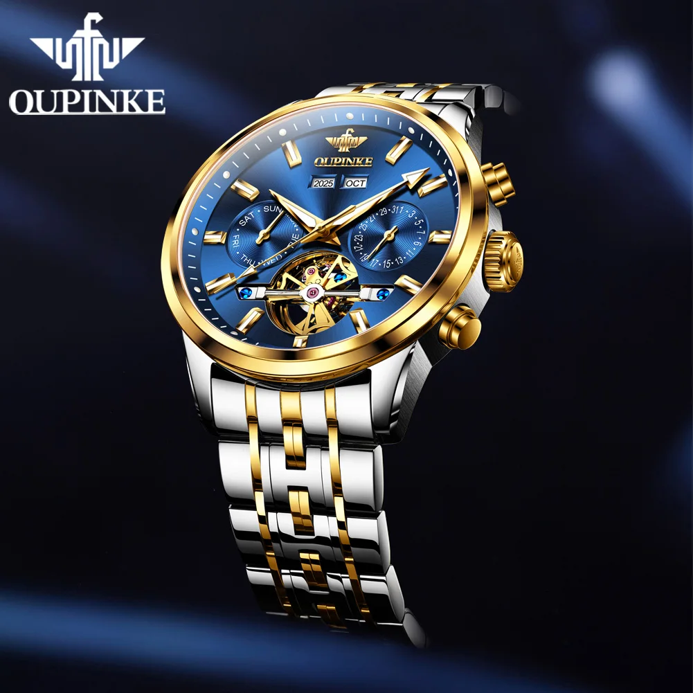 OUPINKE 3269 TOP Skeleton Men's Watches Original 50m Waterproof Sapphire Mirror Automatic Mechanical Watch for Man Date Luminous