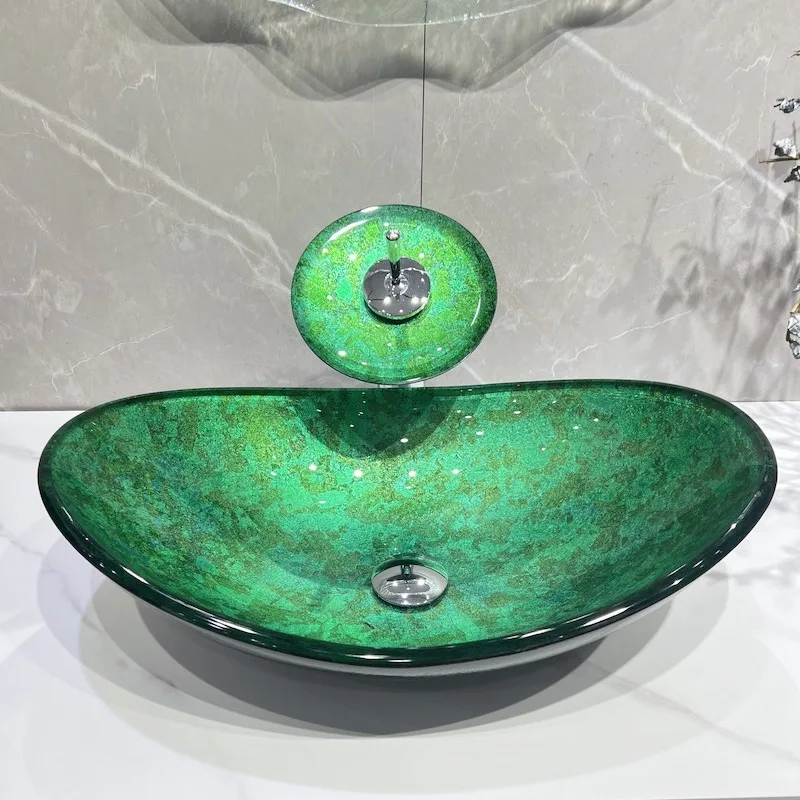 

Retro green tempered glass washbasin household table basin simple art basin creative rectangular washbasin round