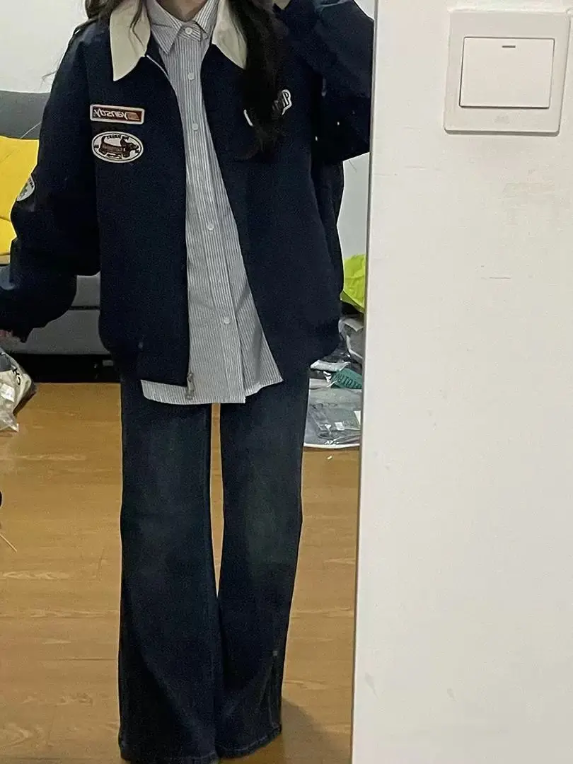 

Baseball Jackets Kpop Womens Winter Thickened Warm Boyfriend Hooded Anti-Freezing Slim-Fitting Denim Outdoor Splashproof Leather