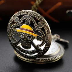 Anime Theme Yellow Hat Pirates Skull Pattern Hollow Quartz Pocket Watch Vintage with Pendant Necklace Men's and Children's Gift