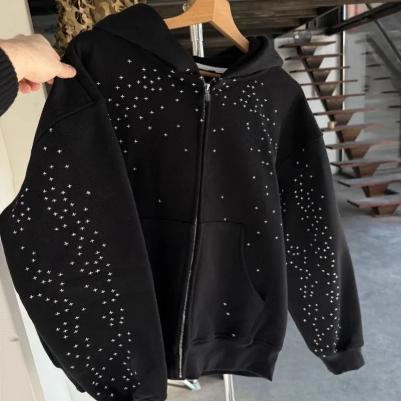 Y2k Retro Star Zip Up Hoodie Gothic Oversized Loose Black Hoodie Streetwear Harajuku Casual Sweatshirt Women Men Vintage Clothes