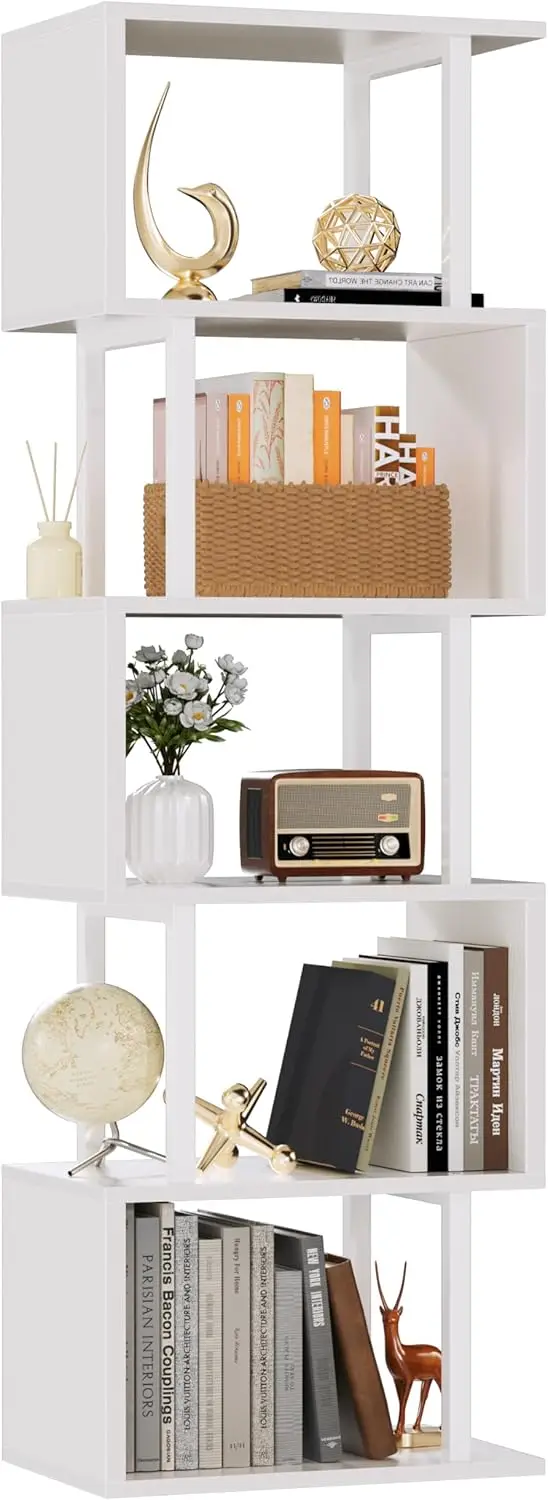 

White Geometric Bookshelf, 6-Tier S-Shaped Bookcase, Modern Display Storage Shelf for Living Room, Bedroom, Office