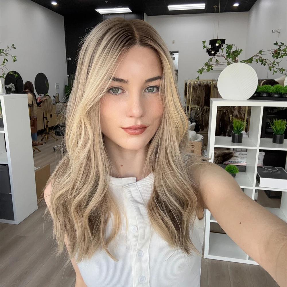 Highlight Blonde Wig 13x4 Lace Front Wig Synthetic Lace Wigs for Women Ombre Brown Mixed Ash Roots Glueless Heat Resistant Fiber