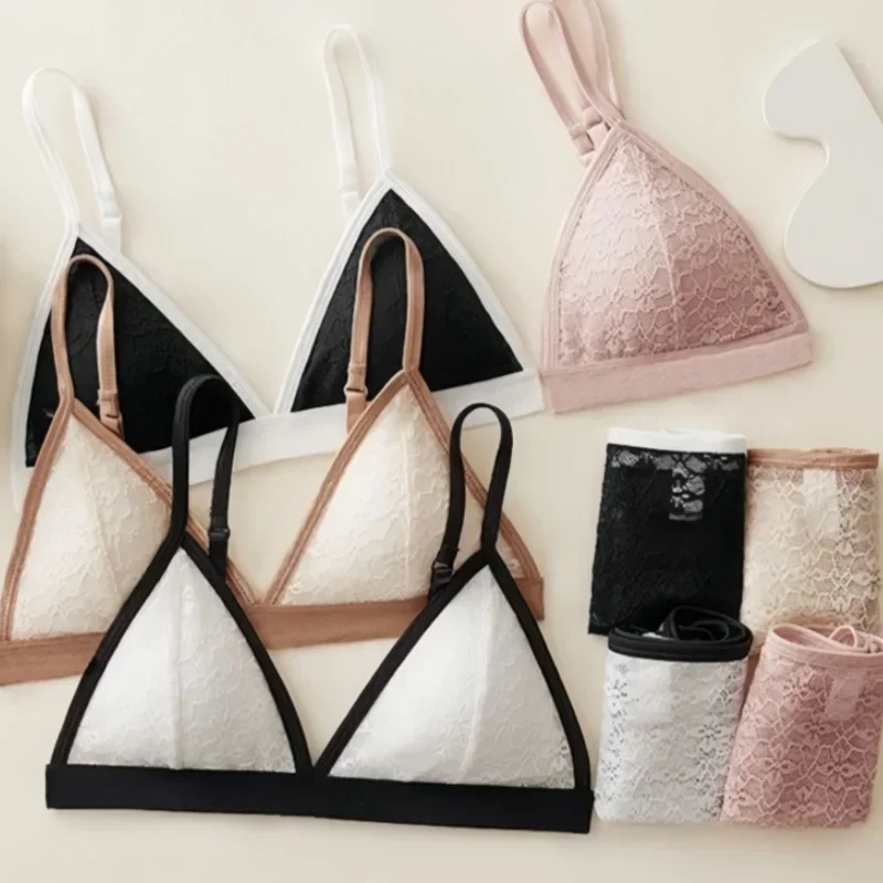

Women Lace Bra And Panties Set Wireless Bralette Low Waist Transparent Panties Female Ultrathin Sexy Seamless Underwear Set