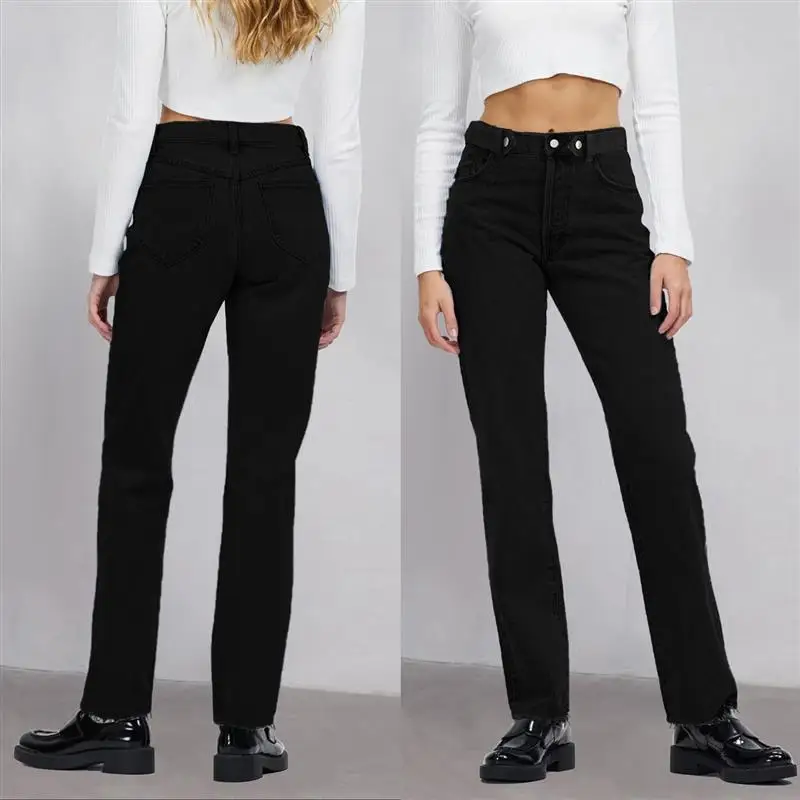 HG10030 Women's Fashion Personality Hole Straight Leg Jeans High Waist Long Pants Black Color Wish Cross-Border Clothing
