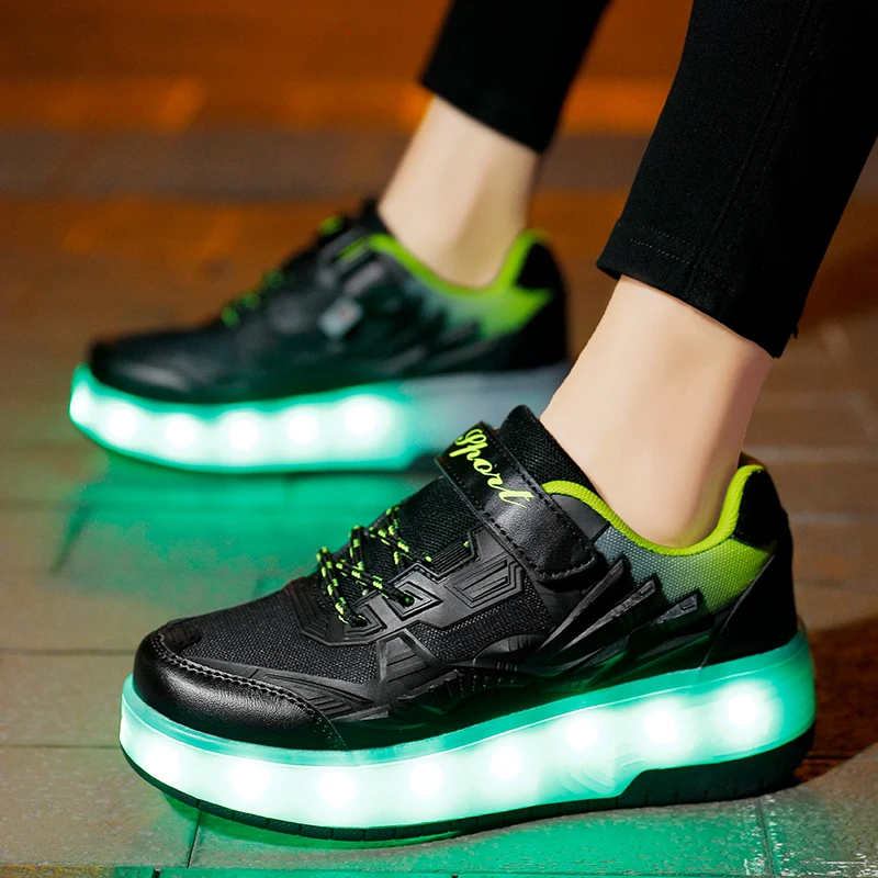 Kids Boys Girls LED Light Luminous Roller Skate Shoes for Children's Sneakers with Two Wheels for School Child Green White Shoes