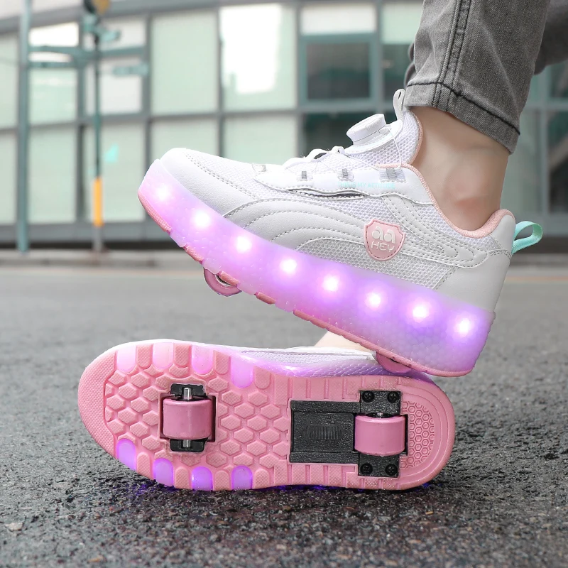 Kids Swivel Buckle Two Wheels USB Charging Sneakers LED Light Roller Skate Shoes For Children Fashion Boys Girls Luminous Shoes