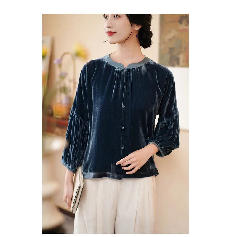 Mulberry Silk Velvet Shirt for Women High-end Purple Vintage Blouse Temperament Elegant Lady Spring and Summer Comfortable Shirt