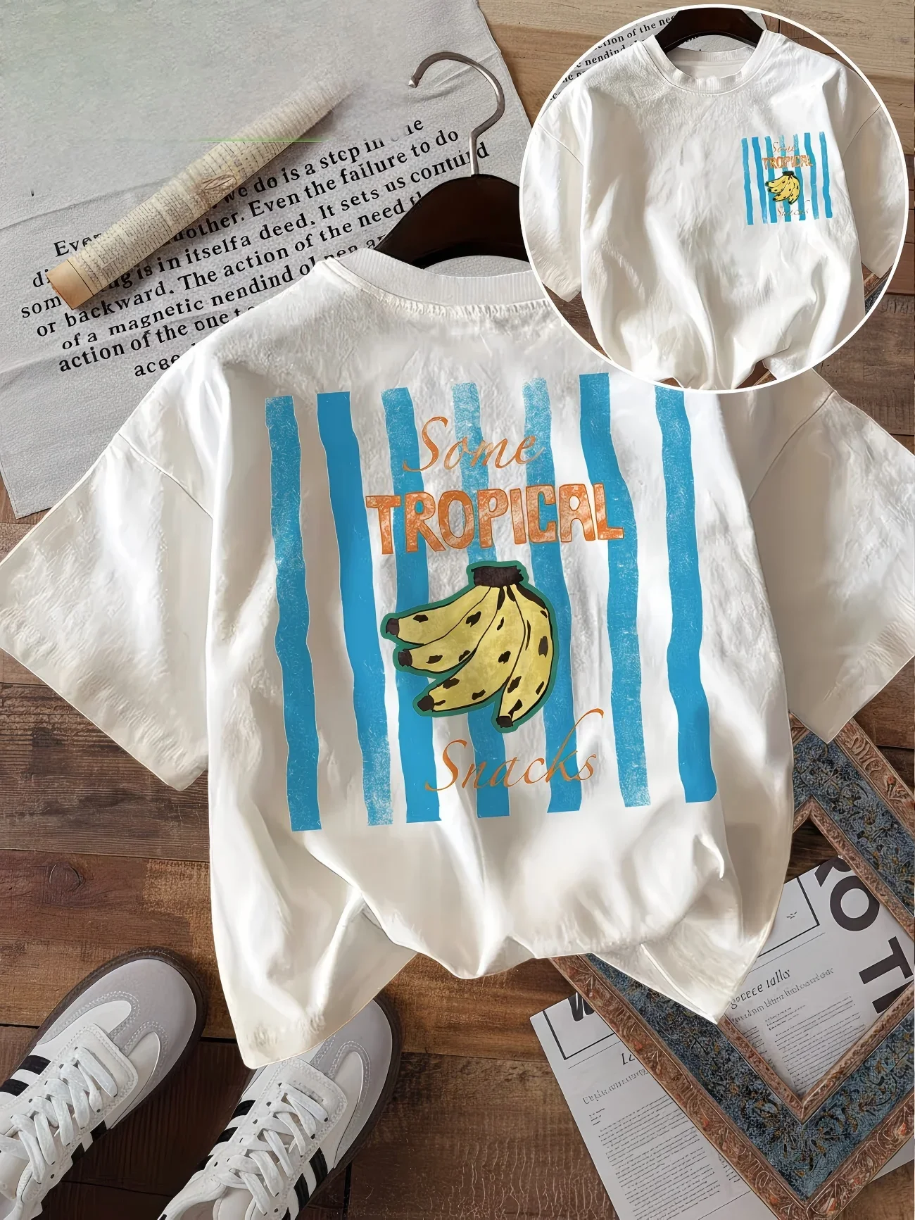 Some Tropical Snacks Graphic T-Shirt Women Banana Fruit Print Tee Vintage Aesthetic Harajuku Short Sleeve Casual Summer Top