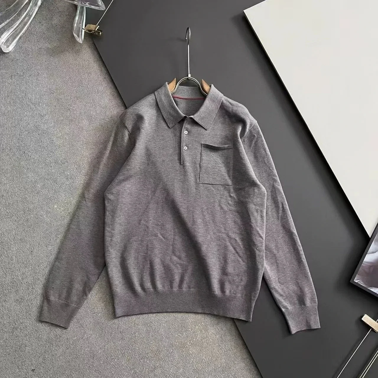 Italy BC pocket embroidered old money style men's knitted sweater lapel bottom long-sleeved POLO shirt