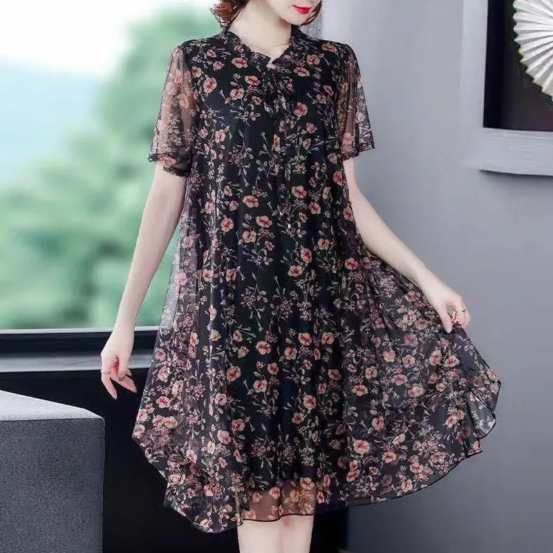 

Women's Black Floral Print Chiffon Midi Dress Short-Sleeve Loose A-Line Dress For Elegant Casual Daily Wear
