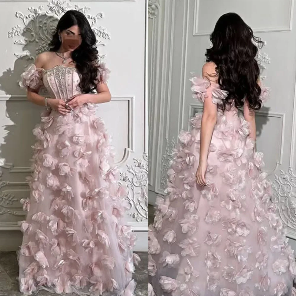 

High Quality Customized Strapless Flowers Pink Off Shoulder Floor Length Tulle Beaded Vestidos Para Bodas Mujer Invitada فستان