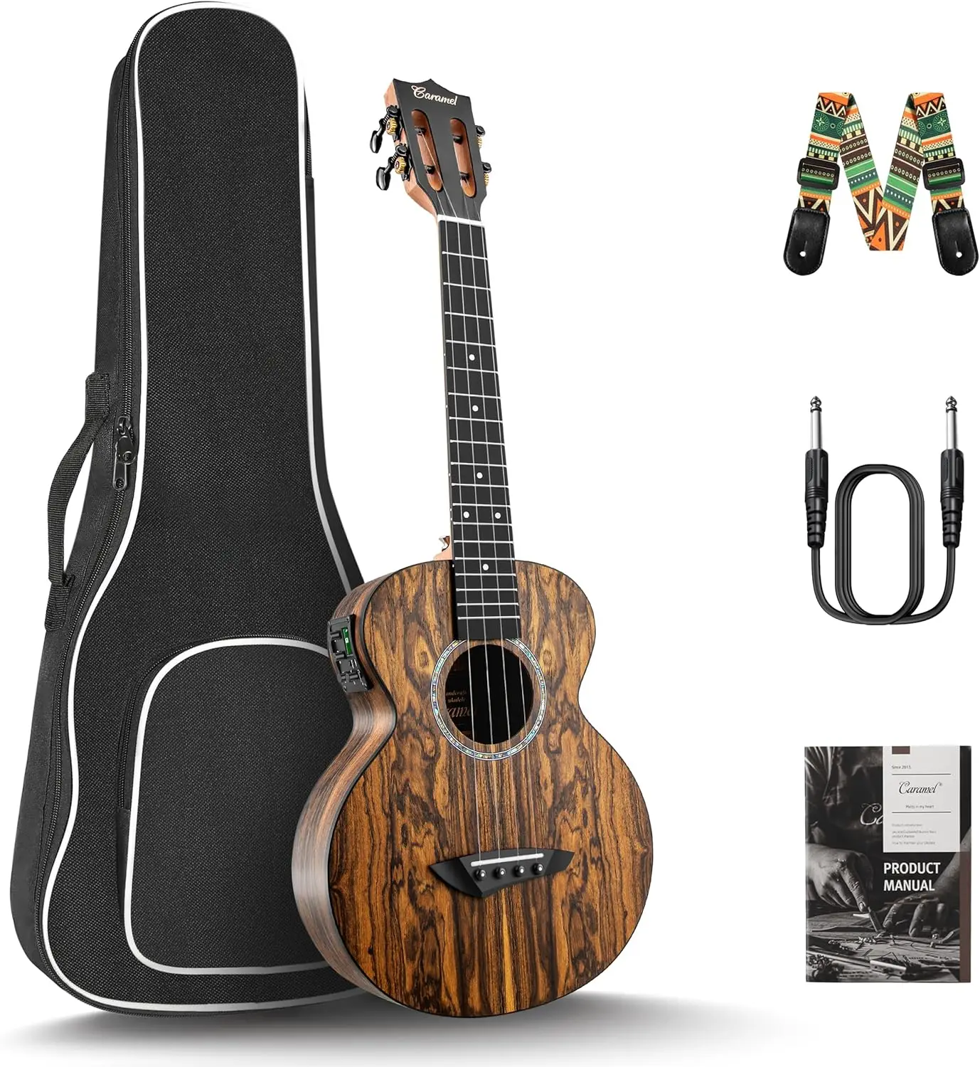 26 Inch Tenor Electric Ukulele, All Butterfly Bocote Wood, Professional Starter Bundle with Strings, Padded Gig Bag, and Strap for Beginners