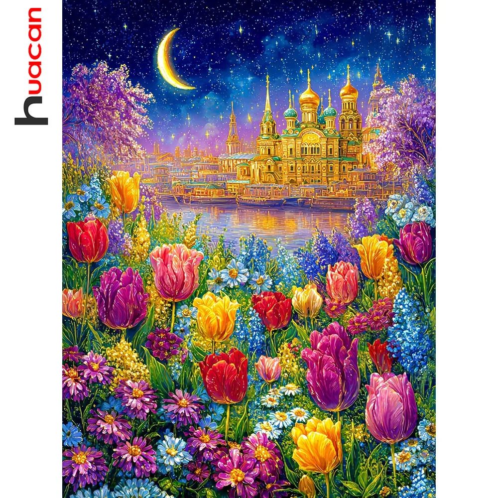 Huacan Vollquadratische und Runde Diamant-Malerei Tulpe Kirche Diamant-Mosaik Landschaft Blumen-Kunst Dekorative Gemälde