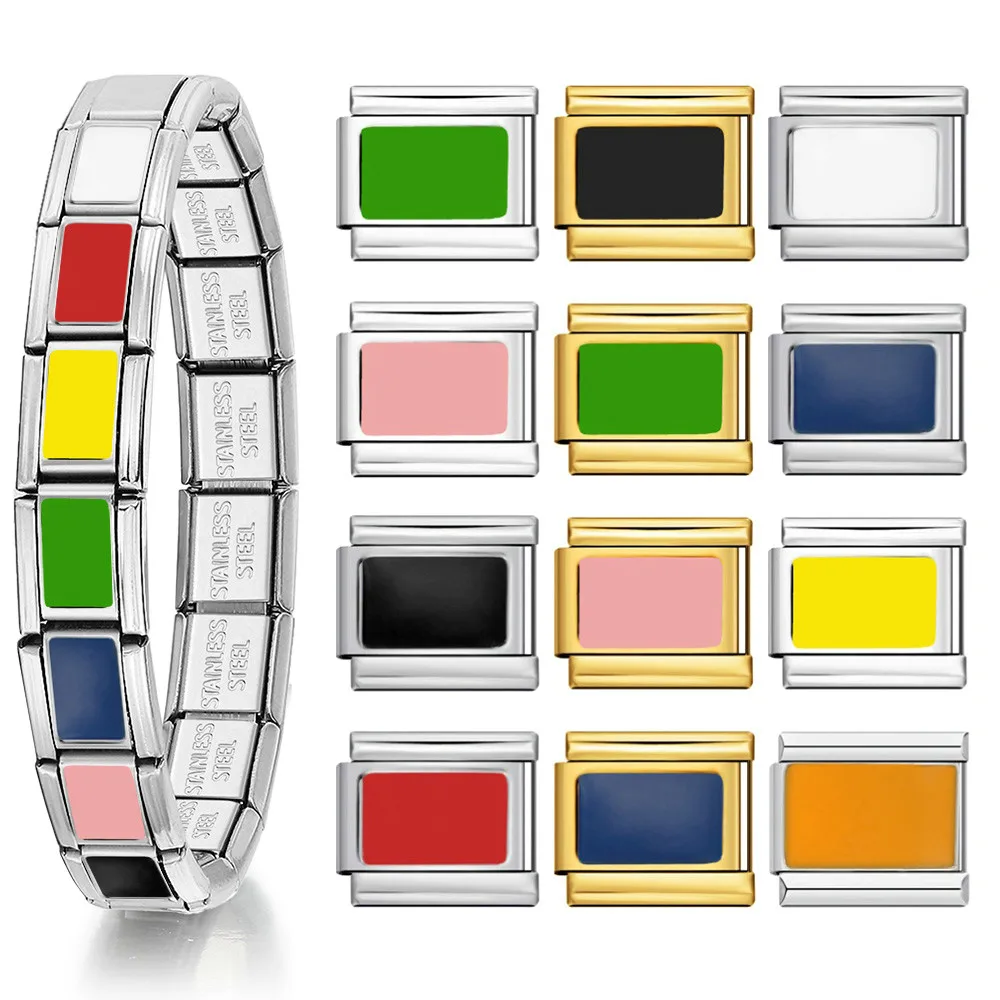 Fashion Elastic Charm Italian Link Fit 9mm Stainless Steel Colorful Square Block Leopard Print Bracelet Making DIY Jewelry Gifts