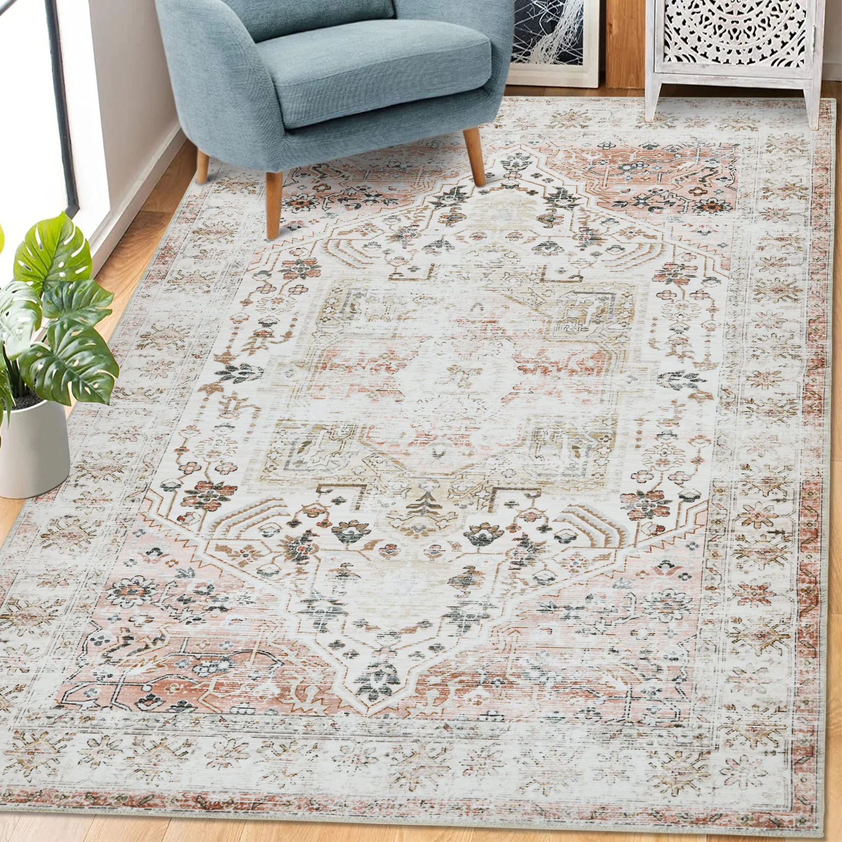 9*12ft Small Area Rug Machine Washable Rug Taupe Entryway Rug Vintage Indoor Floor Cover Carpet Foldable Thin Rug for Home Decor