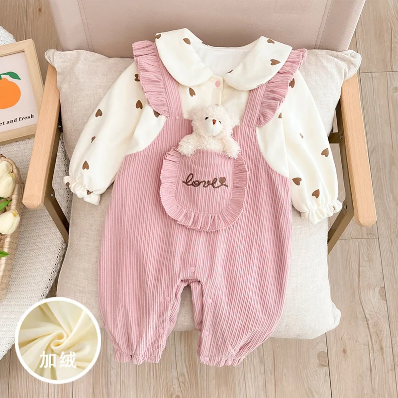 

2023 Autumn Winter Infant Girls Plush Heart Printed Jumpsuit Baby Girls Cartoon 3D Bear Romper Toddler Girls Warm Bodysuit