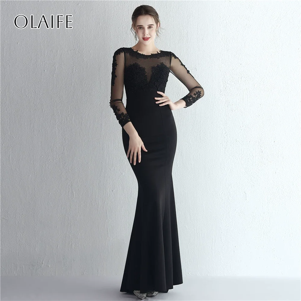 Appliques gaine manches longues Satin robes de soirée longueur de plancher personnalisé vestidos de fiesta élégantes