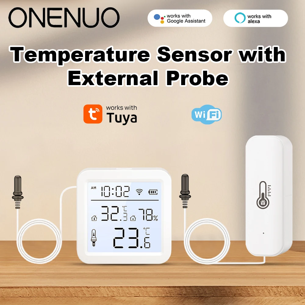 ONENUO Tuya WiFi-Feuchtigkeitstemperatursensor mit externer Sonde, LCD-Thermometer für Smart Home, APP-Überwachung für Kühlschrank