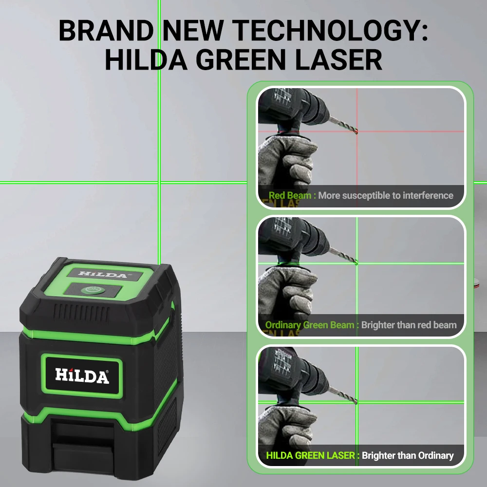 HILDA 2 Lines Laser Level Self-Leveling Horizontal And Vertical Cross Super Powerful Green Laser Beam Line