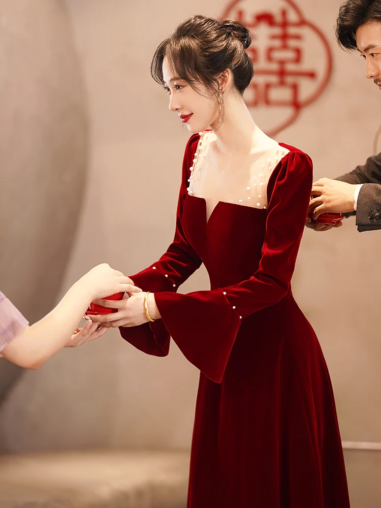 

Red Velvet Long Sve Wedding Dr Ele Evening Gown for Bridal Tea Ceremony Korean Sle Fitted Long Skirt Pearl Embell...
