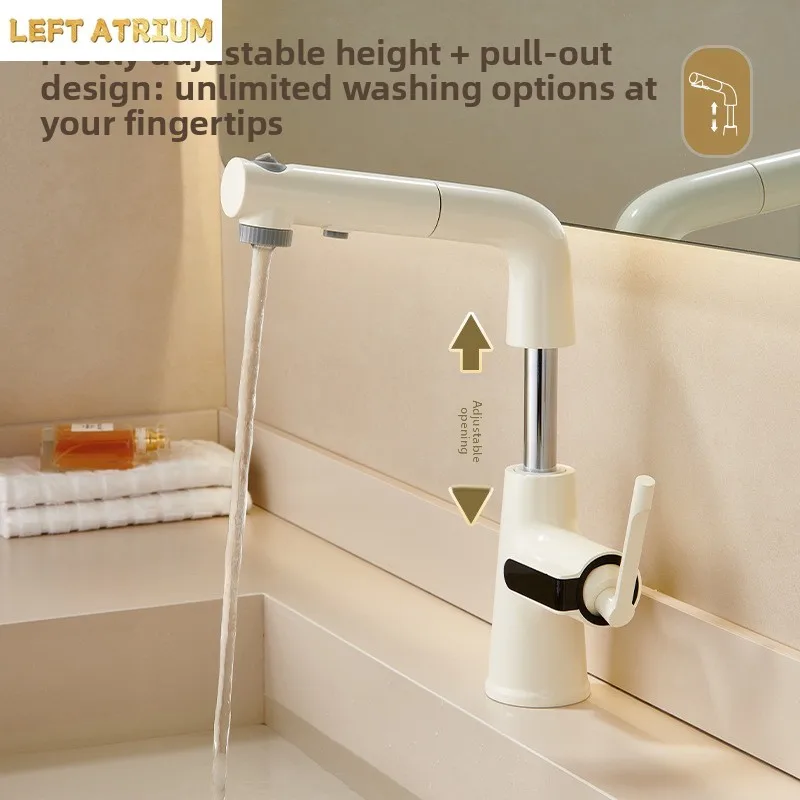 Brass Gunmetal Gray Cream White Digital Display Pull-Out Faucet Bathroom Top-Mounted Rotatable Pull-Out