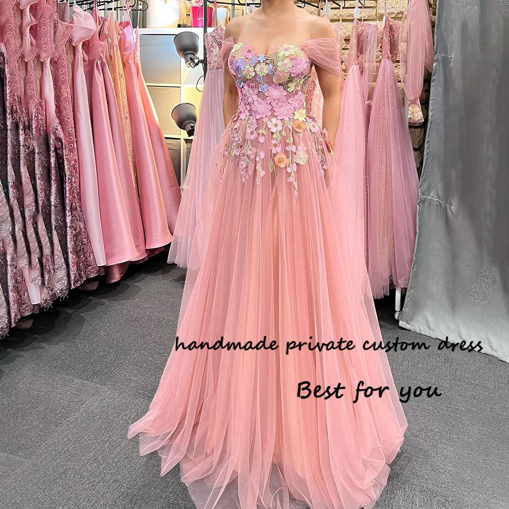 

Pink Flower Appliques Tulle Prom Party Dresses Off Shoulder A Line Fairy Evening Dress Floor Length Formal Gowns