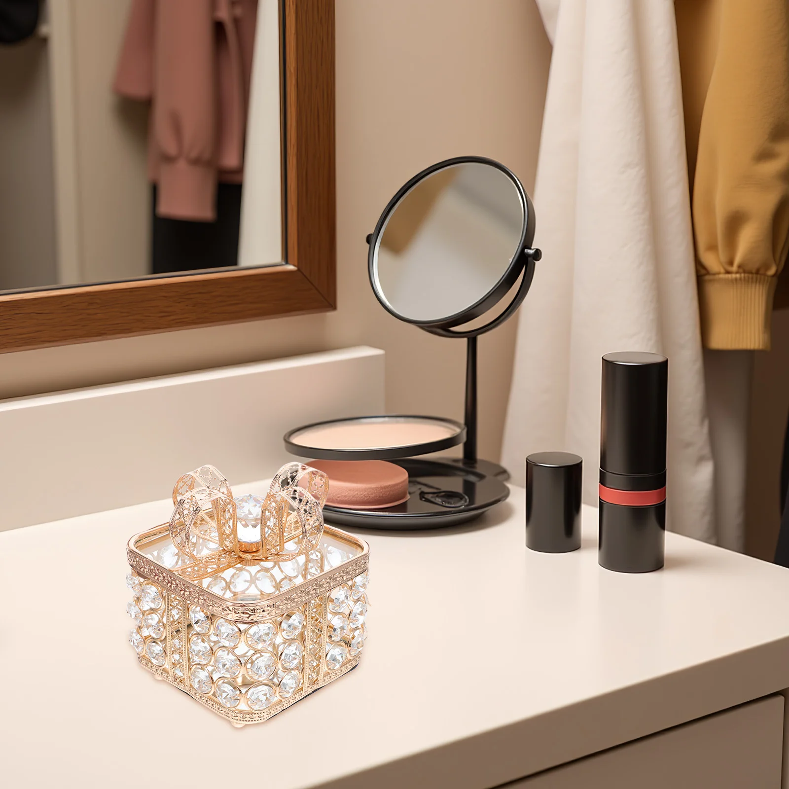 

Vintage Jewelry Box Retro Metal Mirror Bow Crystal Accent Ring Earrings Necklace Storage Organizer Trinket Box Decorative