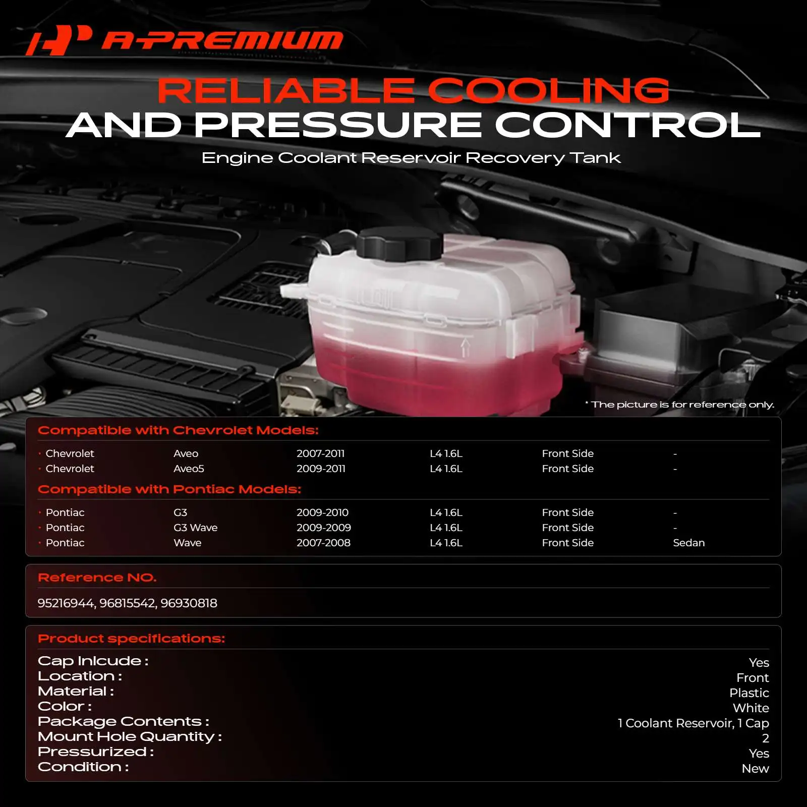 A-Premium Engine Coolant Reservoir Bottle Recovery Tank for Chevrolet Aveo 2007-2011 Aveo5 Pontiac G3 2009-2010 Wave 2007-2008
