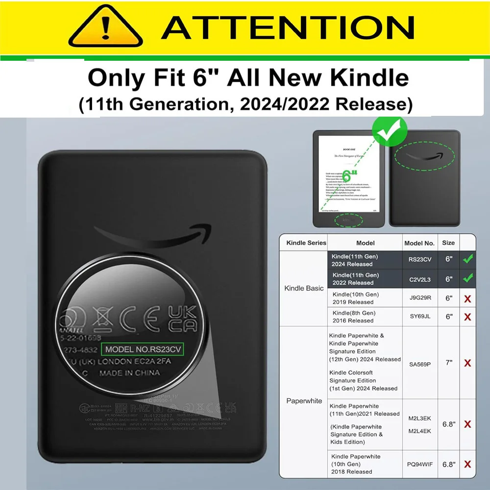 Case for 2024 Amazon Kindle 11th (Model: RS23CV) 6-inch e-book protective case, portable, lightweight, magnetic, all inclusive.