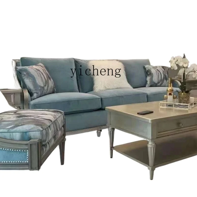 

ZF Light Luxury Solid Wood Sofa Champagne Gold Blue Fabric Sofa Single Three-Seat Sofa Combination