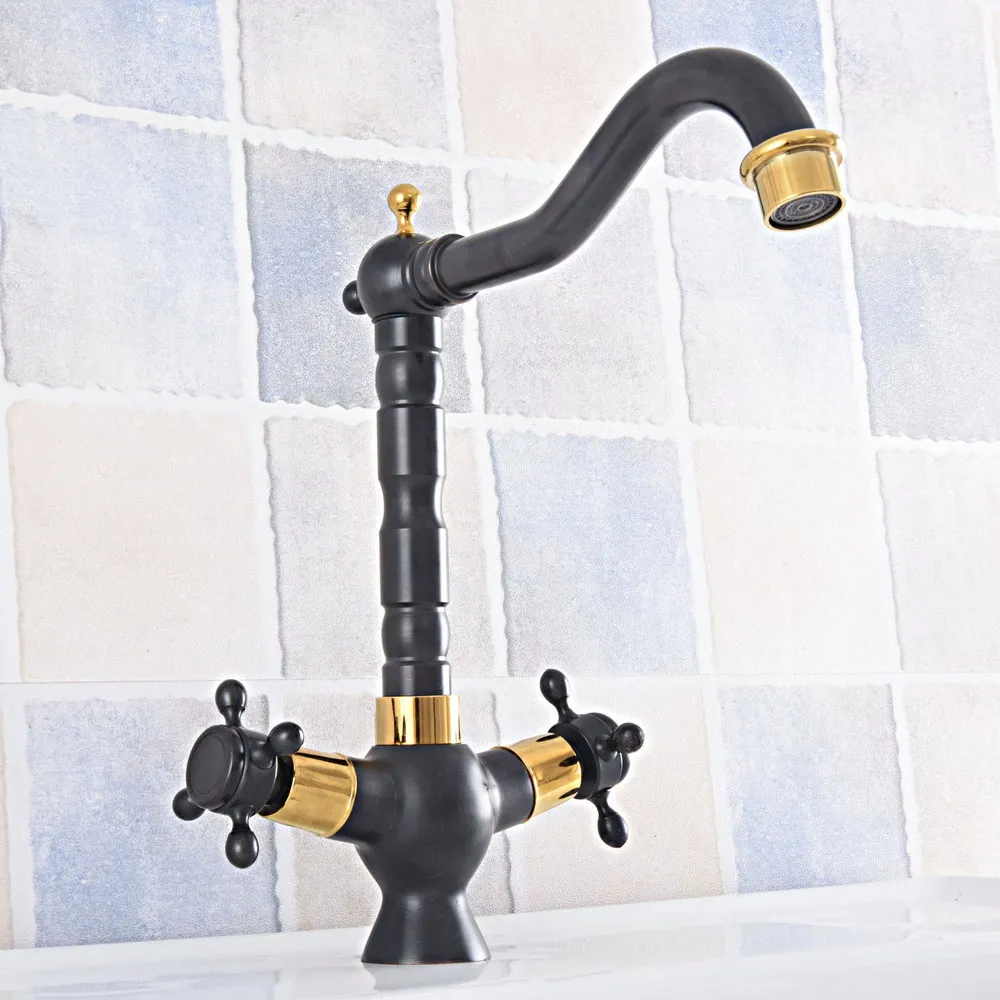 

Basin Faucets Black Gold Color Brass Faucet 360 Rotation Dual Handle Tap Mixer Taps Bathroom Vessel Sink Faucet tsf794