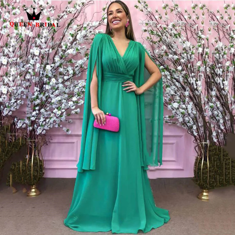 

Emerald Green Prom Dresses Chiffon V-Neck Long Sleeves With Belt Saudi Arabic Evening Gowns Simple A-LINE Pleat Party Dress FS02